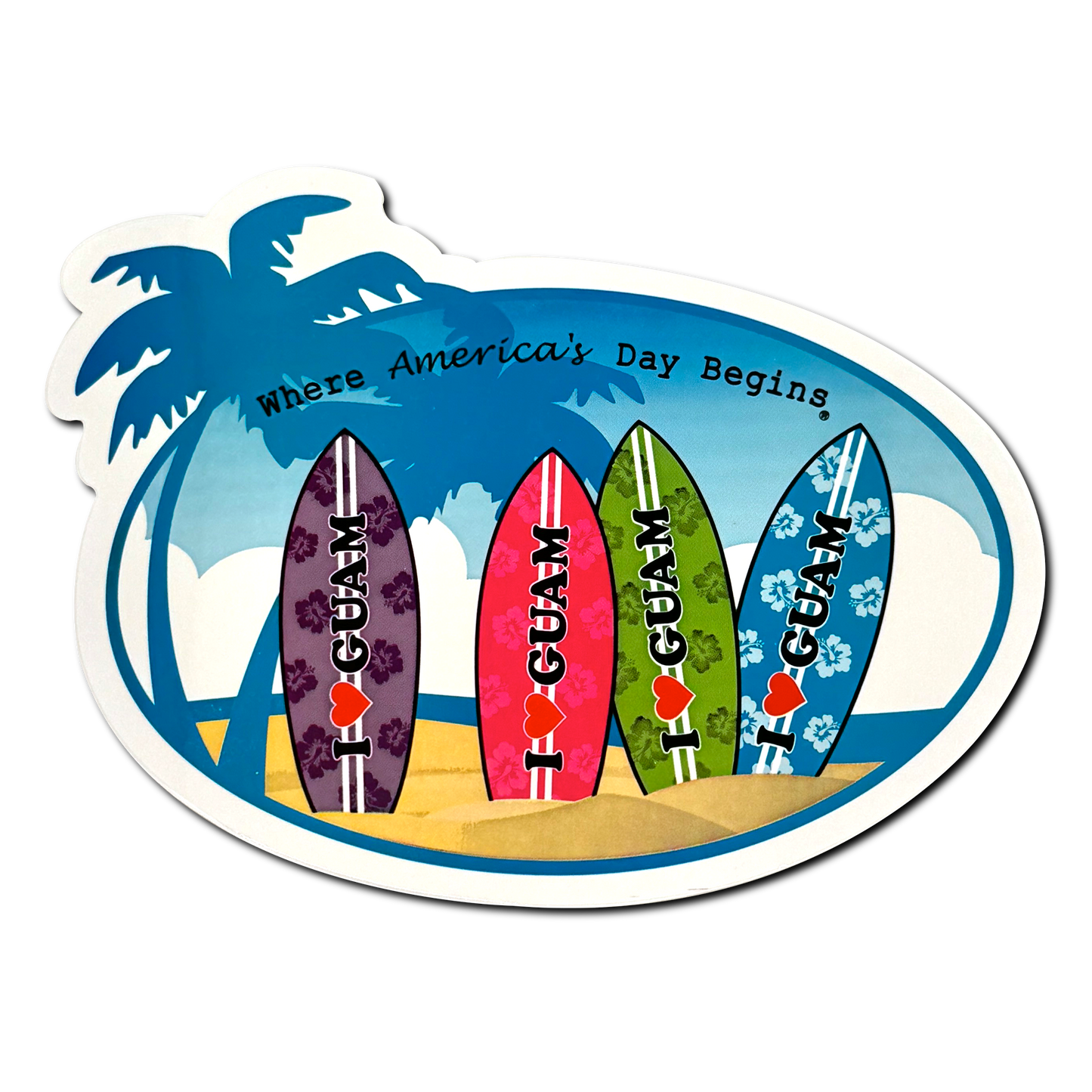 Surfs Up Sticker w/ Classic I Love Guam Logo