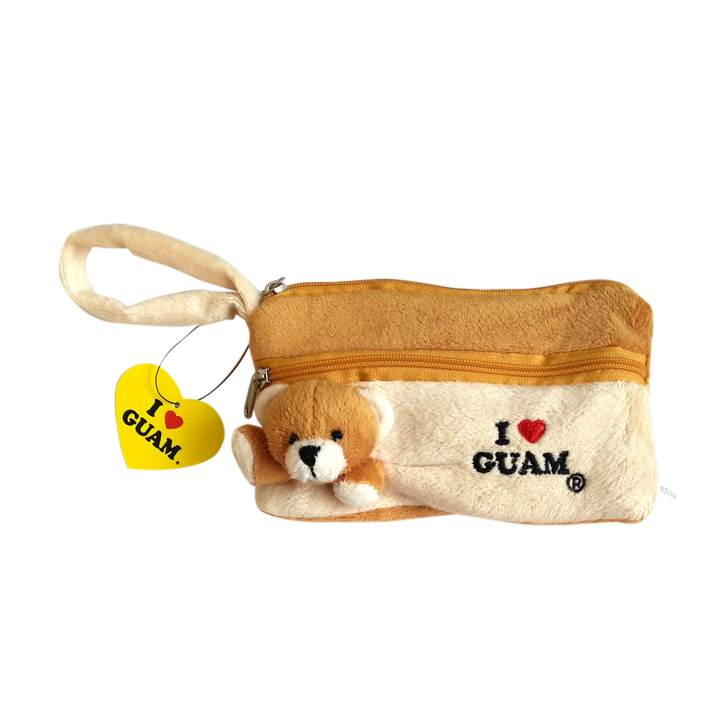 Soft brown plush bear pouch with ‘I ❤️ GUAM’ logo, perfect for storing small accessories or as a Guam souvenir gift. Includes a yellow heart-shaped ‘I ❤️ GUAM’ tag.