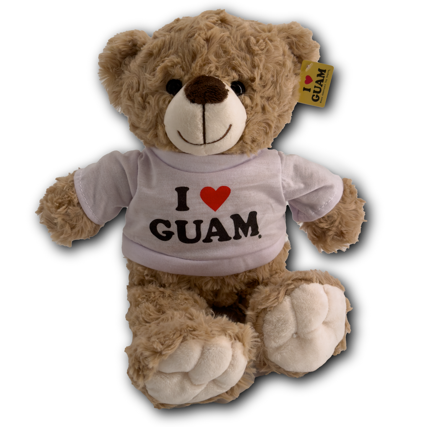 ‘I ❤️ GUAM’ plush teddy bear wearing a white shirt, ideal as a cuddly Guam keepsake or travel souvenir for children and adults alike.