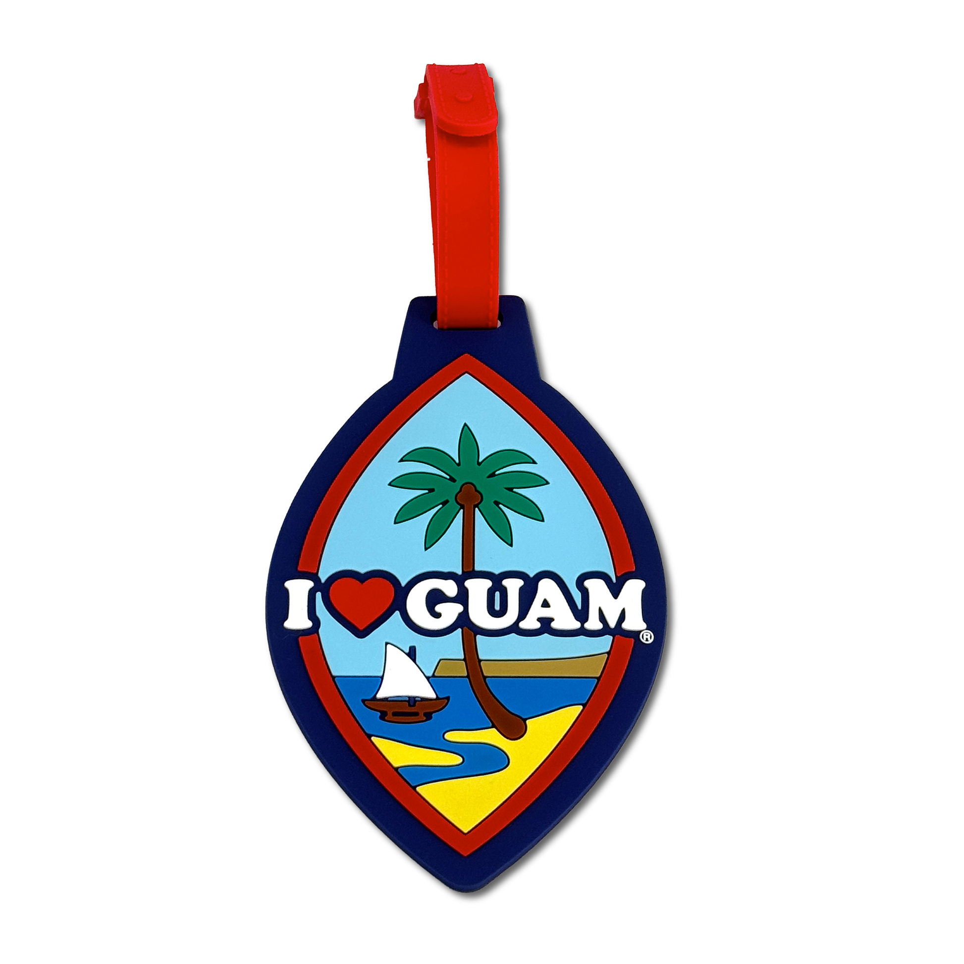 A red and blue Guam seal luggage tag with a palm tree and the text 'I ❤️ GUAM'.