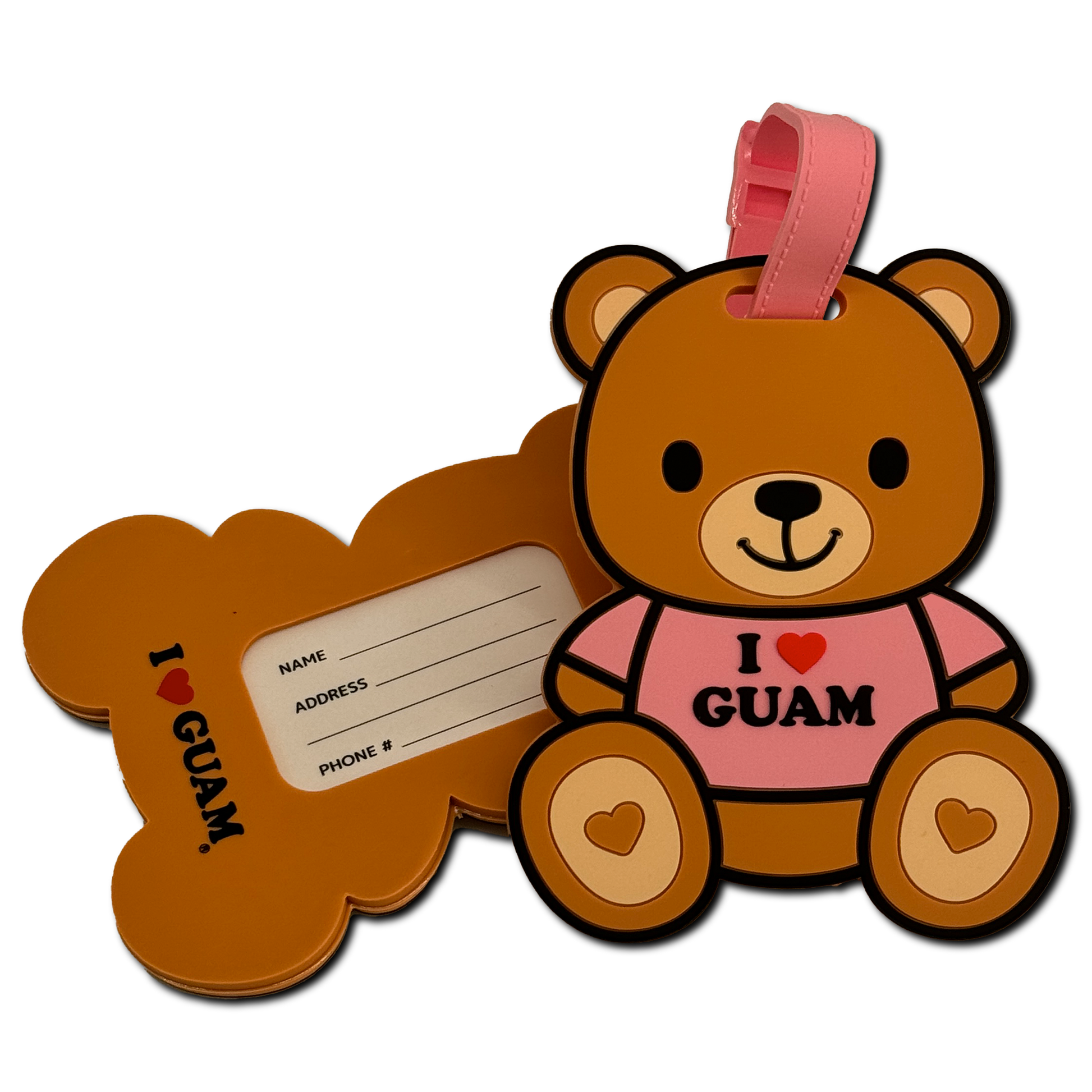 A cute brown bear-shaped luggage tag with a pink ribbon attachment wearing a pink shirt with the text "I ❤️ Guam".