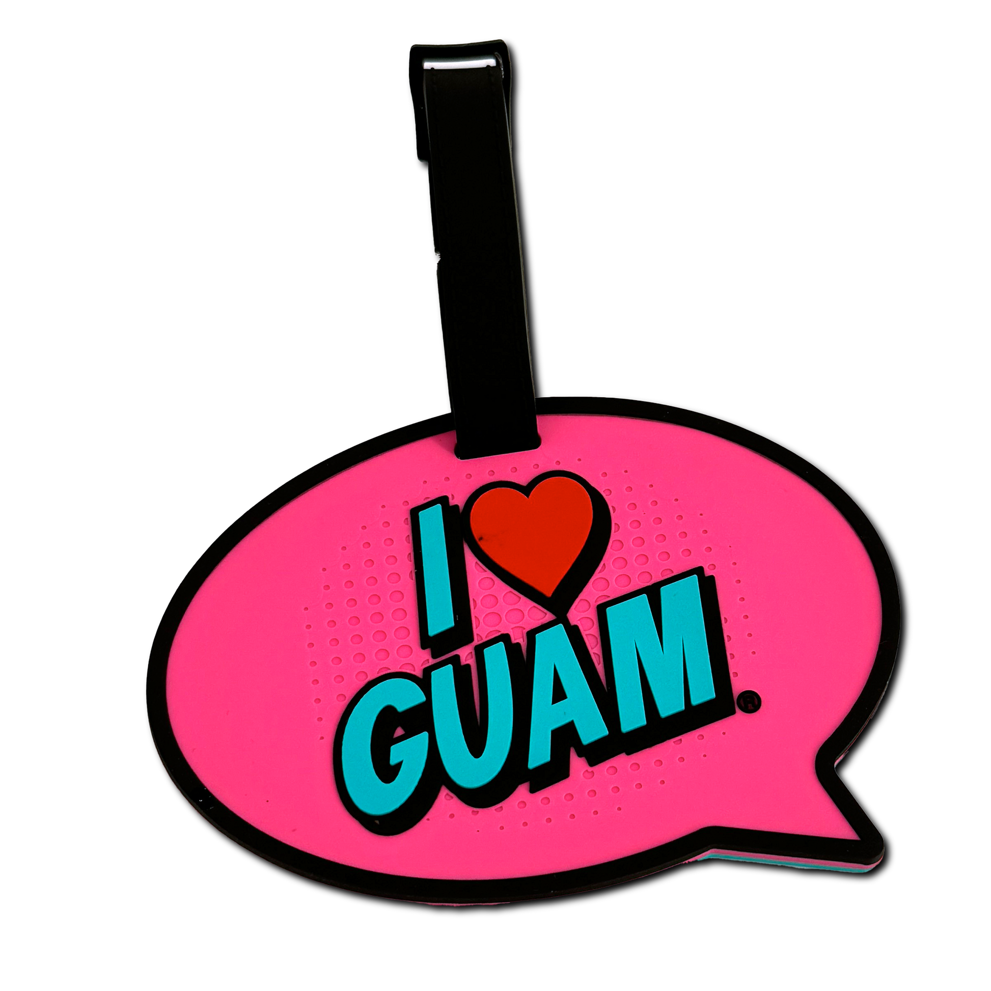 A pink luggage tag featuring neon blue comic book text style saying 'I ❤️ Guam'.