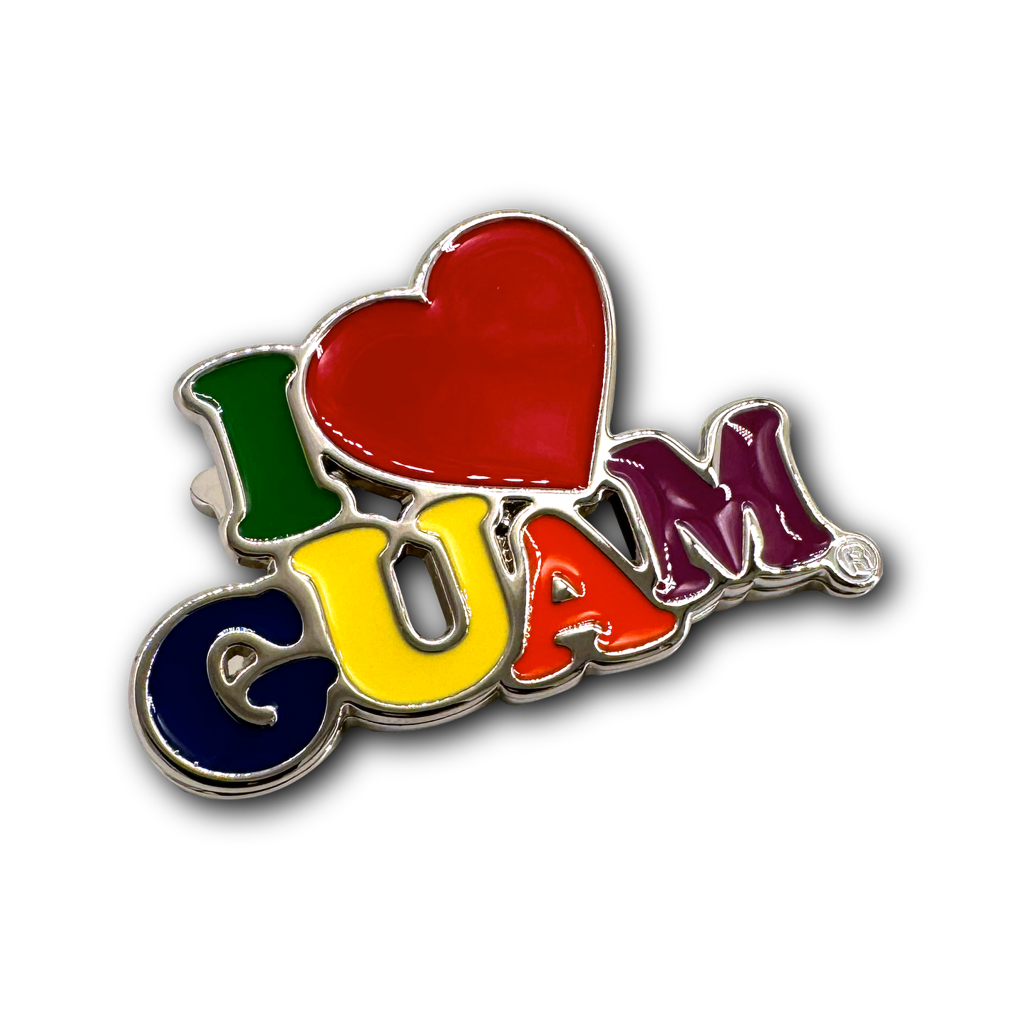 A colorful metal refrigerator magnet clip with the text 'I LOVE Guam' in stylized lettering.