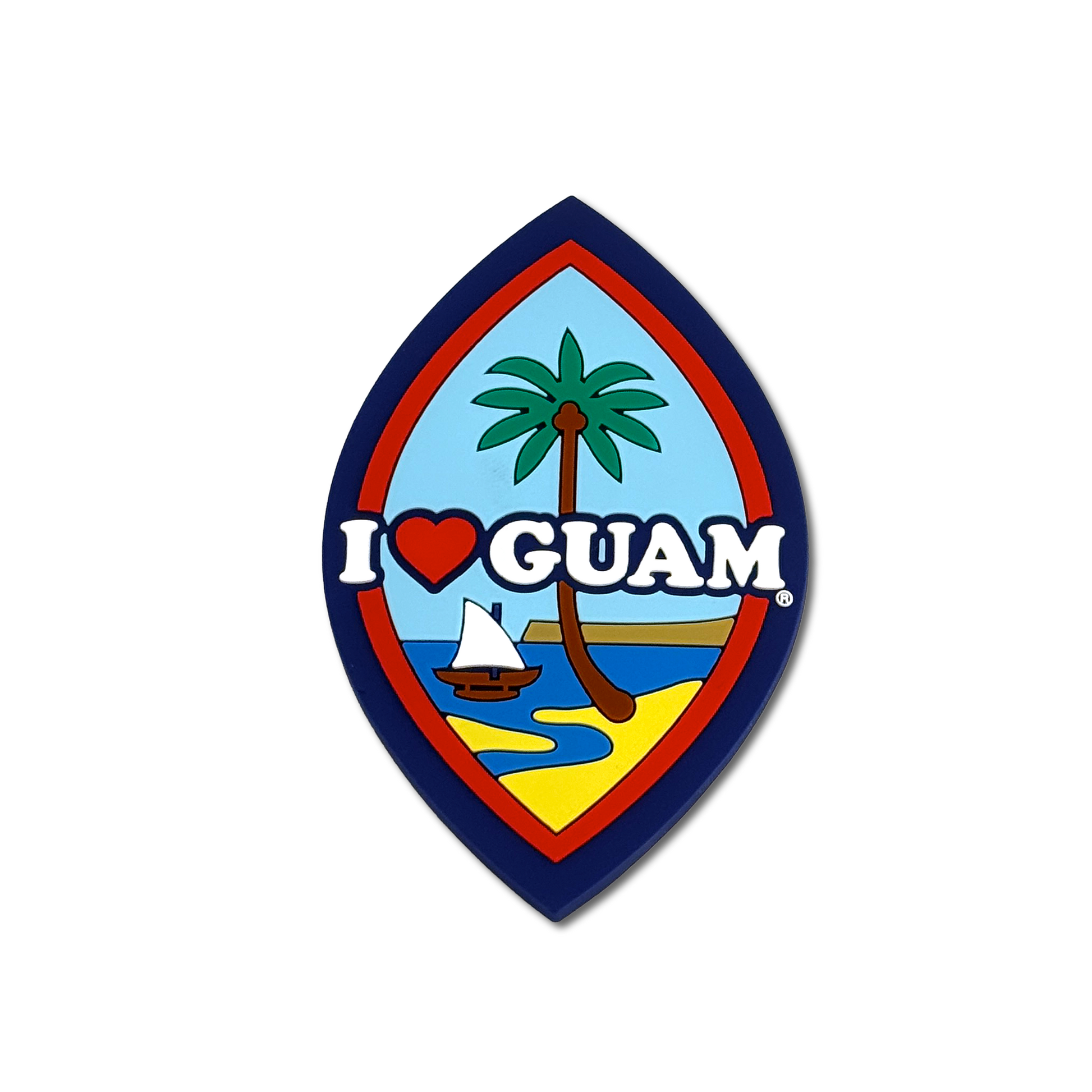 A PVC magnet featuring the Guam flag with a palm tree and the text 'I ♥ GUAM'.