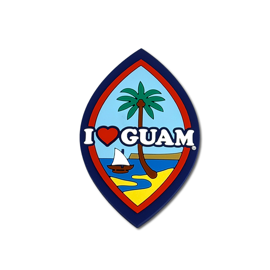 A PVC magnet featuring the Guam flag with a palm tree and the text 'I ♥ GUAM'.