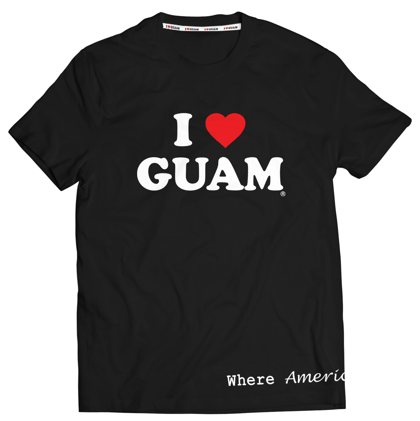 Black unisex t-shirt with ‘I ❤️ GUAM’ design in bold white letters and a red heart, complemented by the phrase ‘Where America’s Day Begins’ at the bottom. The design emphasizes pride in Guam and its unique cultural identity.