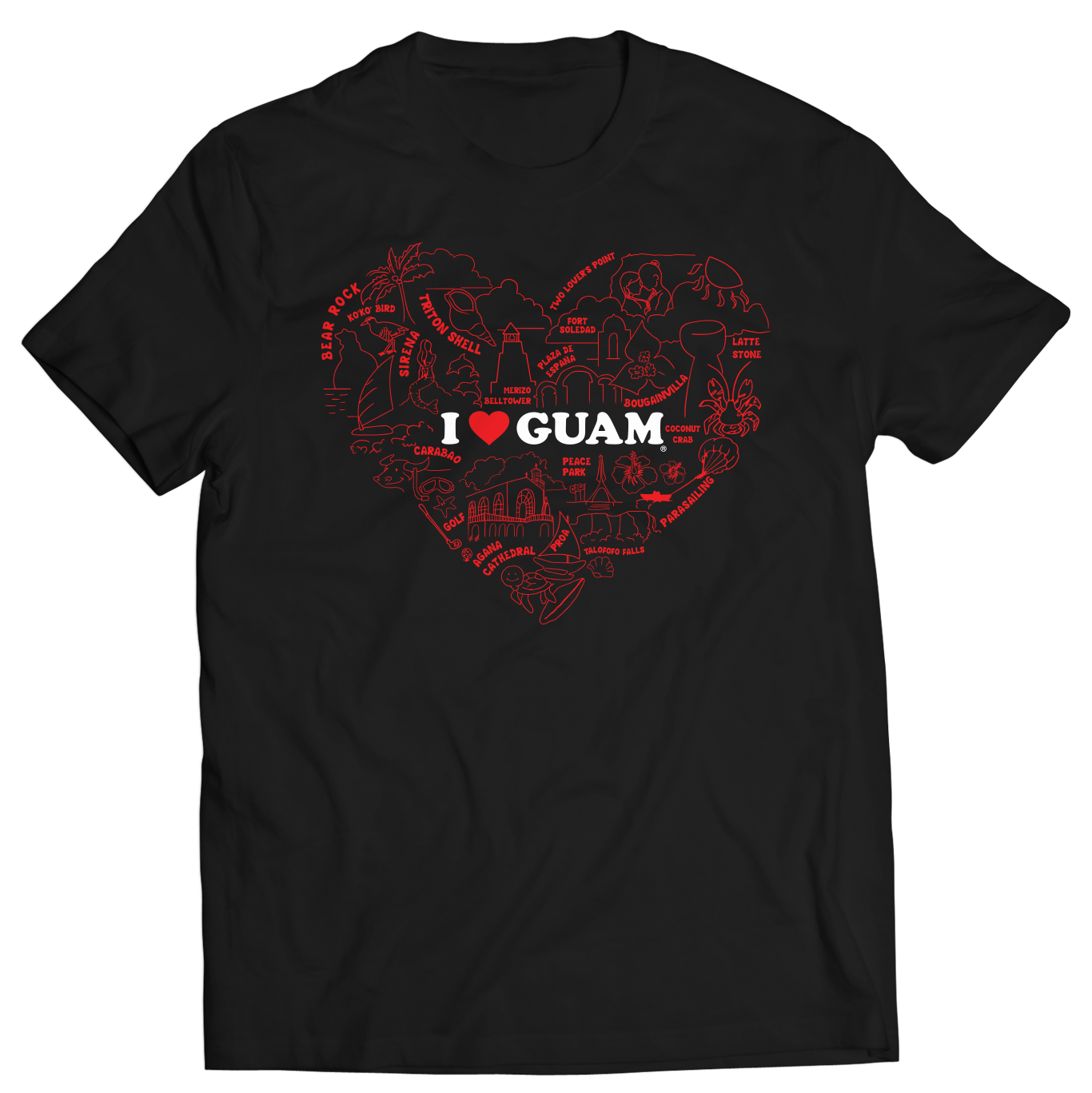 Black t-shirt featuring an ‘I ❤️ GUAM’ design with a heart-shaped illustration in red, showcasing various Guam landmarks and cultural icons like Bear Rock, Latte Stone, and Fort Soledad. The design celebrates Guam’s heritage and love for the island.