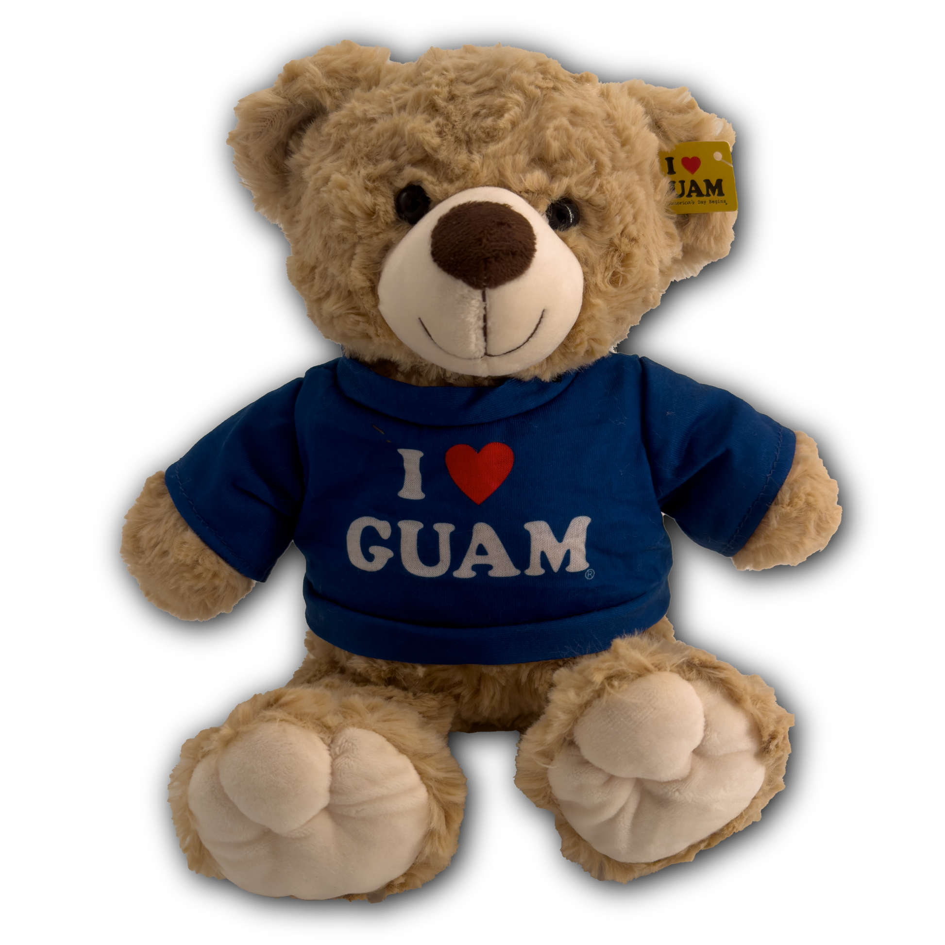I ❤️ GUAM’ plush teddy bear in a blue shirt, a soft and adorable Guam souvenir perfect for kids or as a travel memento.