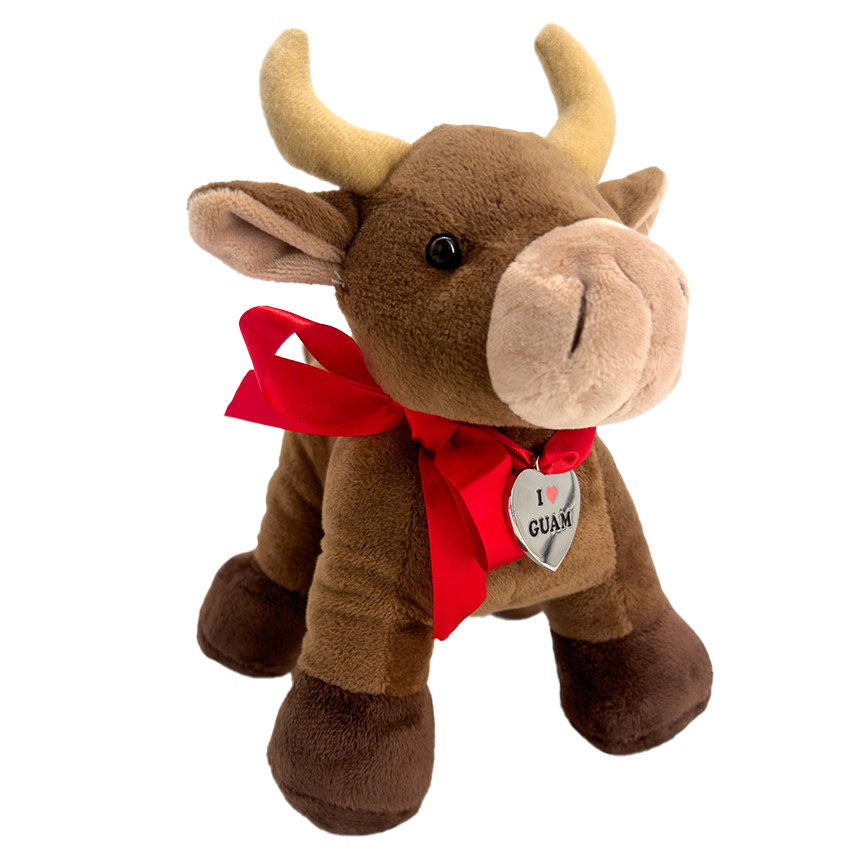 Brown plush carabao toy with a red ribbon and a heart-shaped ‘I ❤️ GUAM’ tag around its neck, symbolizing love for Guam.