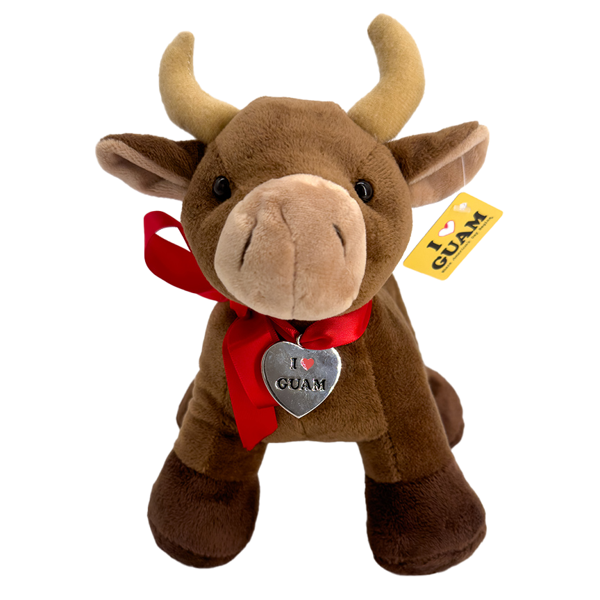 Front view of a brown plush carabao toy with a red ribbon and a heart-shaped ‘I ❤️ GUAM’ tag, featuring an ‘I ❤️ GUAM’ yellow label tag attached to the ear.
