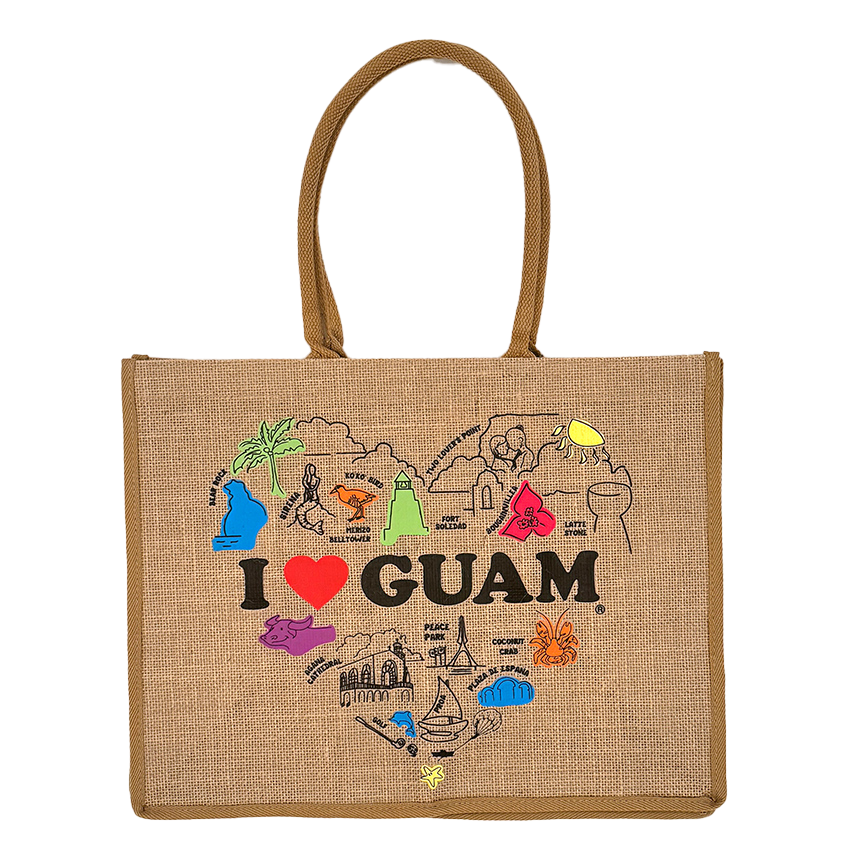 Brown jute tote bag featuring an ‘I ❤️ GUAM’ design with a heart-shaped illustration showcasing colorful Guam landmarks, including Latte Stone, Fort Soledad, and Peace Park.