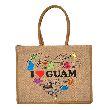 Brown jute tote bag featuring an ‘I ❤️ GUAM’ design with a heart-shaped illustration showcasing colorful Guam landmarks, including Latte Stone, Fort Soledad, and Peace Park.