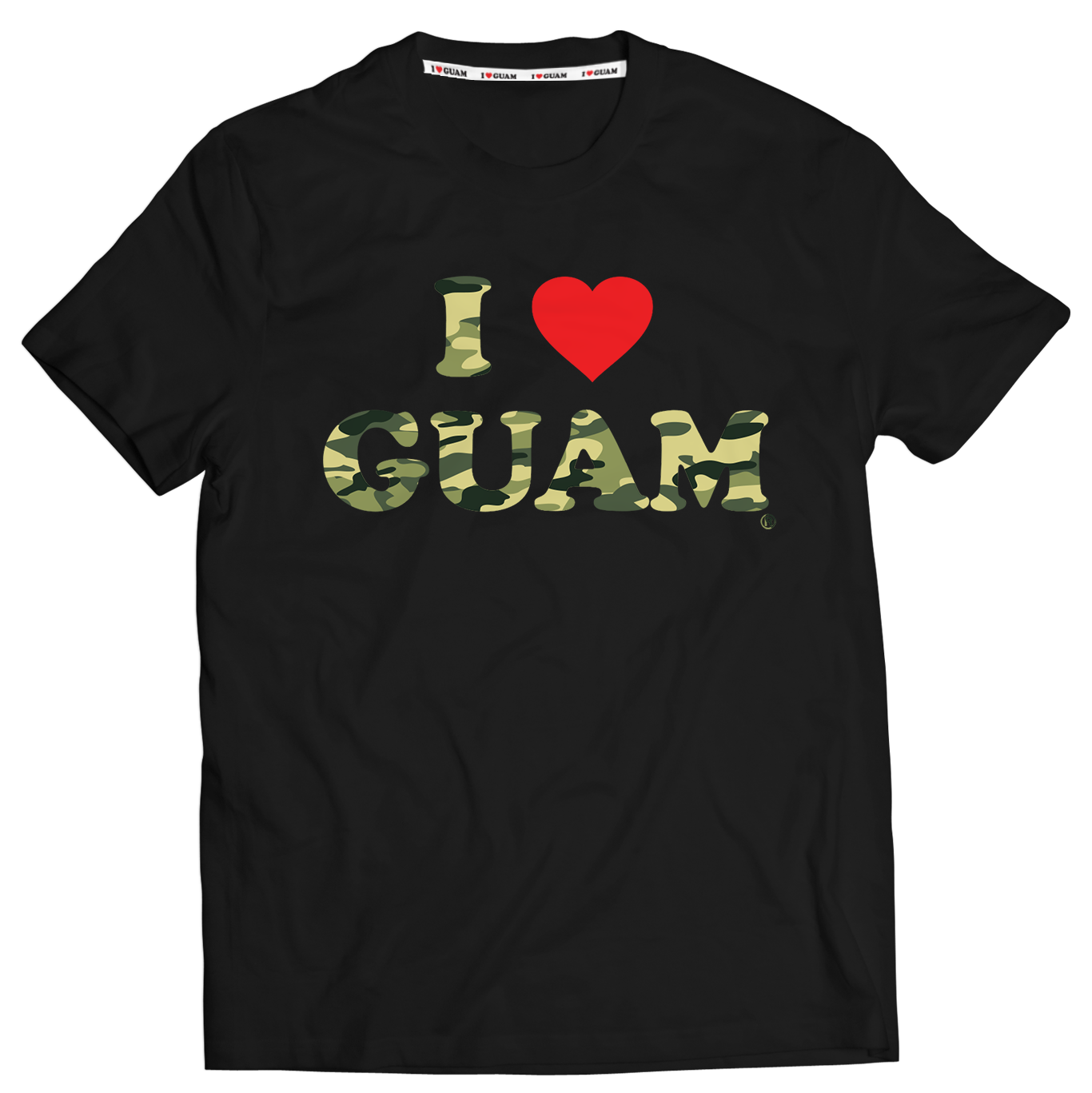 Black unisex t-shirt with ‘I ❤️ GUAM’ design, featuring camouflage print letters and a bold red heart. The design blends military-inspired elements with a love for Guam.