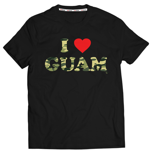 Black unisex t-shirt with ‘I ❤️ GUAM’ design, featuring camouflage print letters and a bold red heart. The design blends military-inspired elements with a love for Guam.