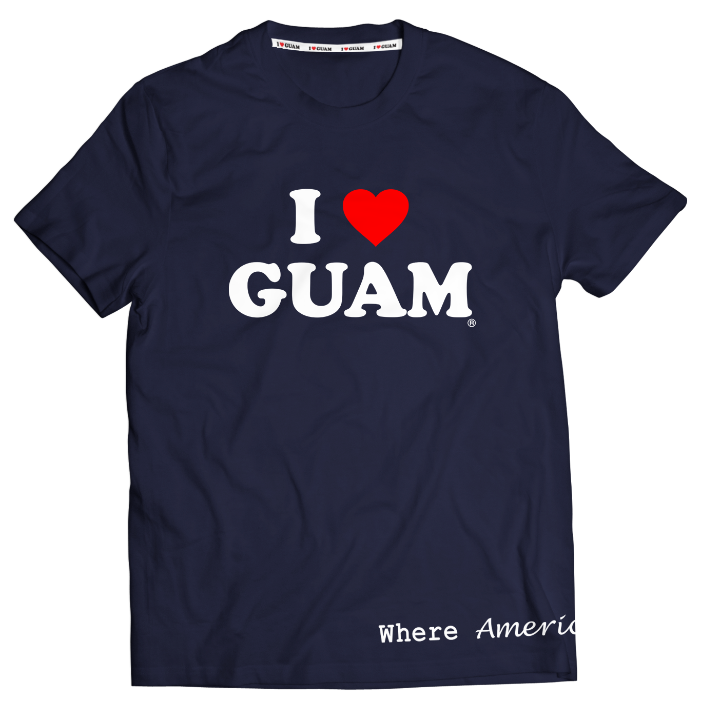 Navy unisex t-shirt with ‘I ❤️ GUAM’ design in bold white letters and a red heart, complemented by the phrase ‘Where America’s Day Begins’ at the bottom. The design emphasizes pride in Guam and its unique cultural identity.