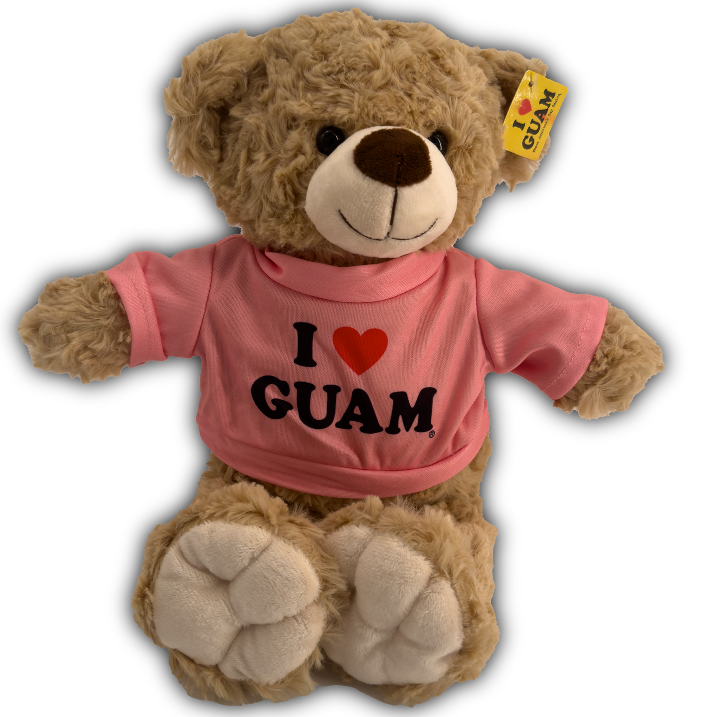 I ❤️ GUAM’ plush teddy bear in a pink shirt, a cute and soft Guam-themed gift or travel souvenir for kids and collectors.