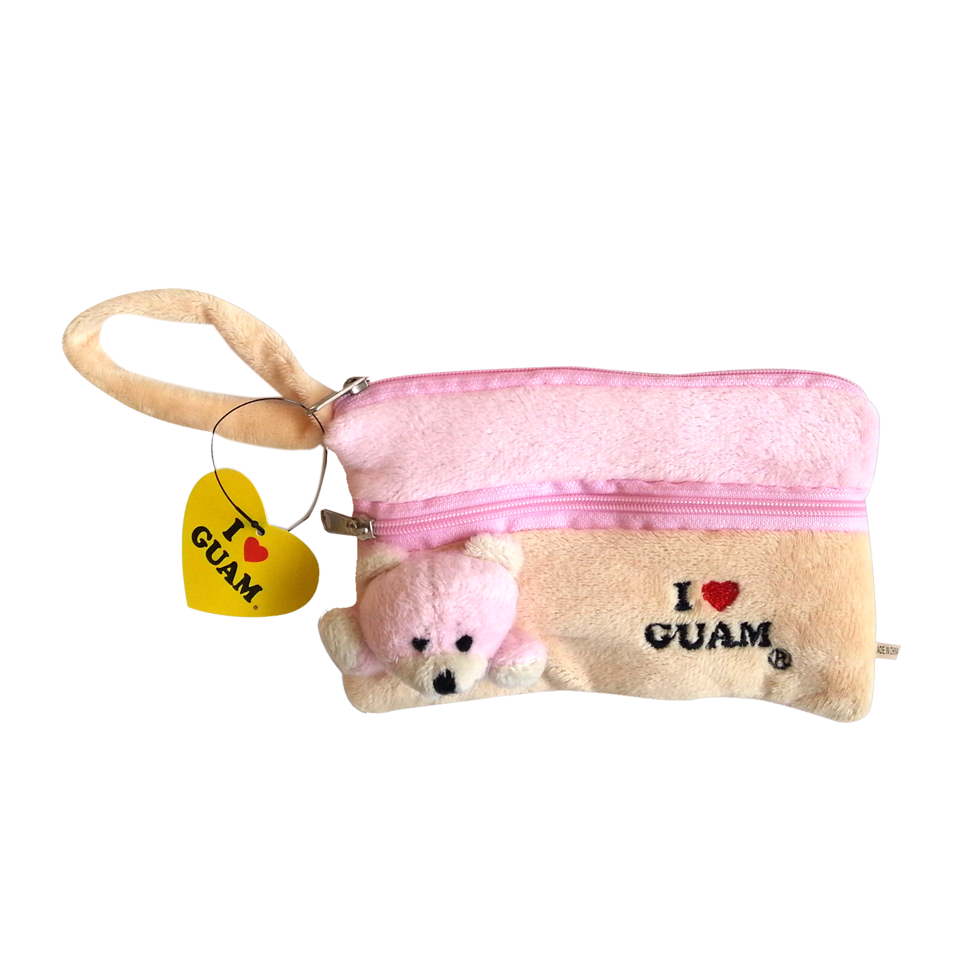Cute pink plush bear pouch with zippered compartment, featuring an ‘I ❤️ GUAM’ logo. Ideal Guam souvenir for kids or travel accessory with a yellow ‘I ❤️ GUAM’ tag.