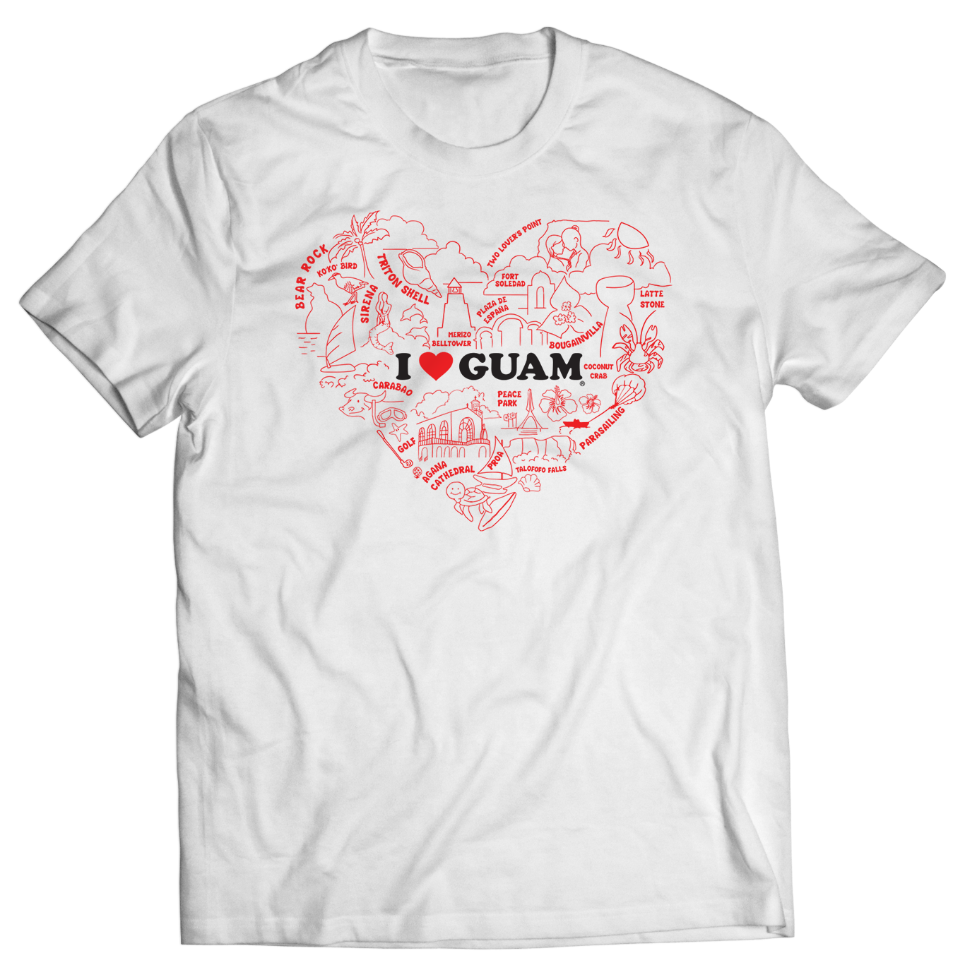 White t-shirt featuring an ‘I ❤️ GUAM’ design with a heart-shaped illustration in red, highlighting Guam’s landmarks and cultural symbols like Peace Park, Tumon Bay, and Coconut Crab. The design pays tribute to the island’s beauty and cultural pride.