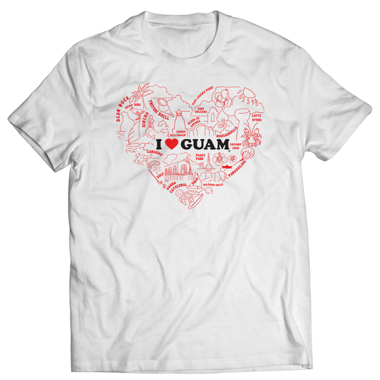 White t-shirt featuring an ‘I ❤️ GUAM’ design with a heart-shaped illustration in red, highlighting Guam’s landmarks and cultural symbols like Peace Park, Tumon Bay, and Coconut Crab. The design pays tribute to the island’s beauty and cultural pride.